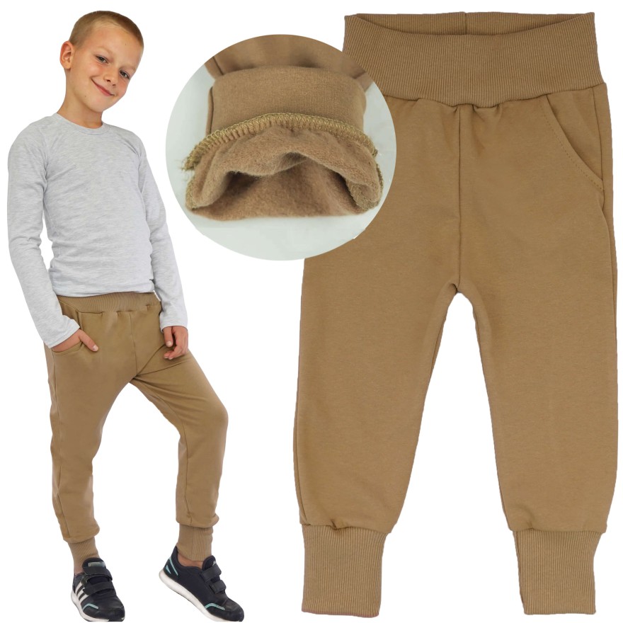 Beżowe spodnie OCIEPLANE na meszku z wyciąganą gumką neon