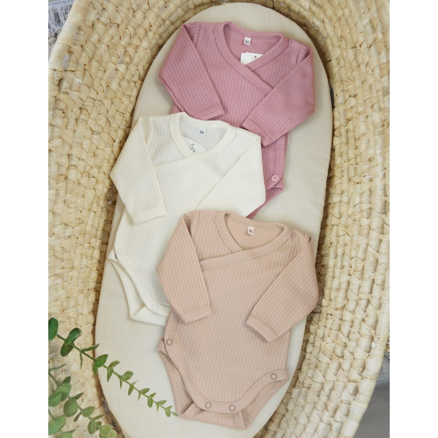 3pak BODY kopertowe prążki z długim rękawem bawełna prążek róż ecru beż