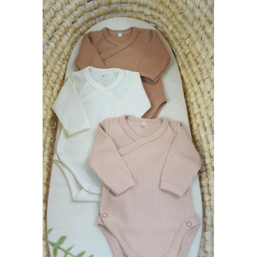 3pak BODY kopertowe prążki z długim rękawem bawełna prążek brąz beż ecru
