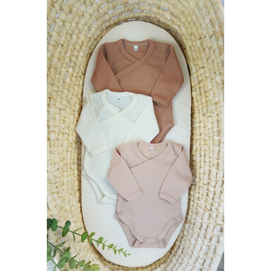 3pak BODY kopertowe prążki z długim rękawem bawełna prążek brąz beż ecru