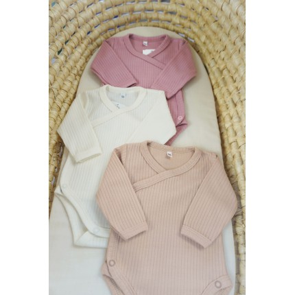 3pak BODY kopertowe prążki z długim rękawem bawełna prążek róż ecru beż WCZEŚNIAK