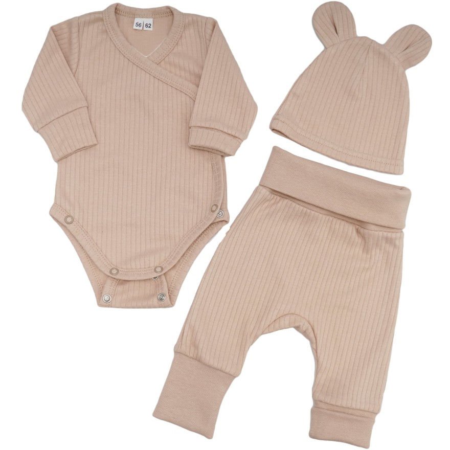 Beżowy komplet niemowlęcy rosnący z regulacją wielkości w prążek body spodnie czapka wyprawka