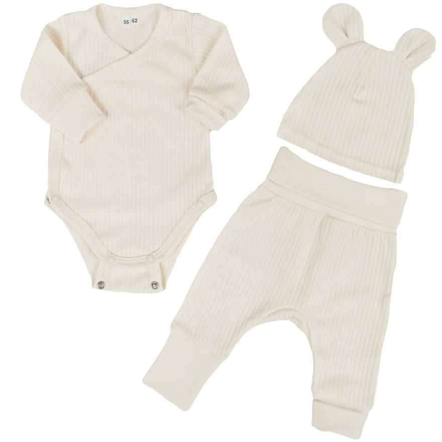 Ecru komplet niemowlęcy rosnący z regulacją wielkości w prążek body spodnie czapka wyprawka