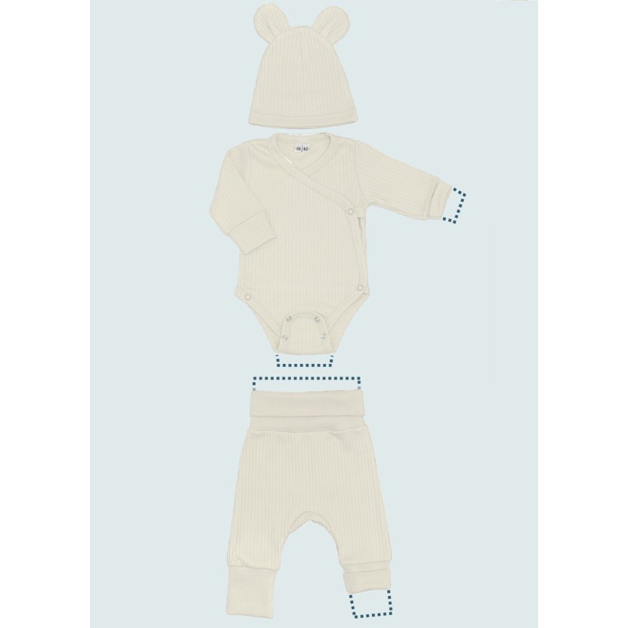 Ecru komplet niemowlęcy rosnący z regulacją wielkości w prążek body spodnie czapka wyprawka
