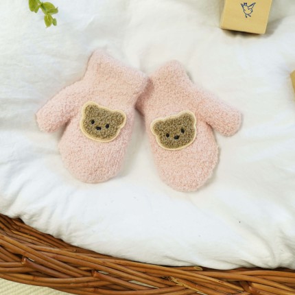 Różowe RĘKAWICZKI ciepłe 1P na futerku ocieplane brązowy MIŚ r. 98-104