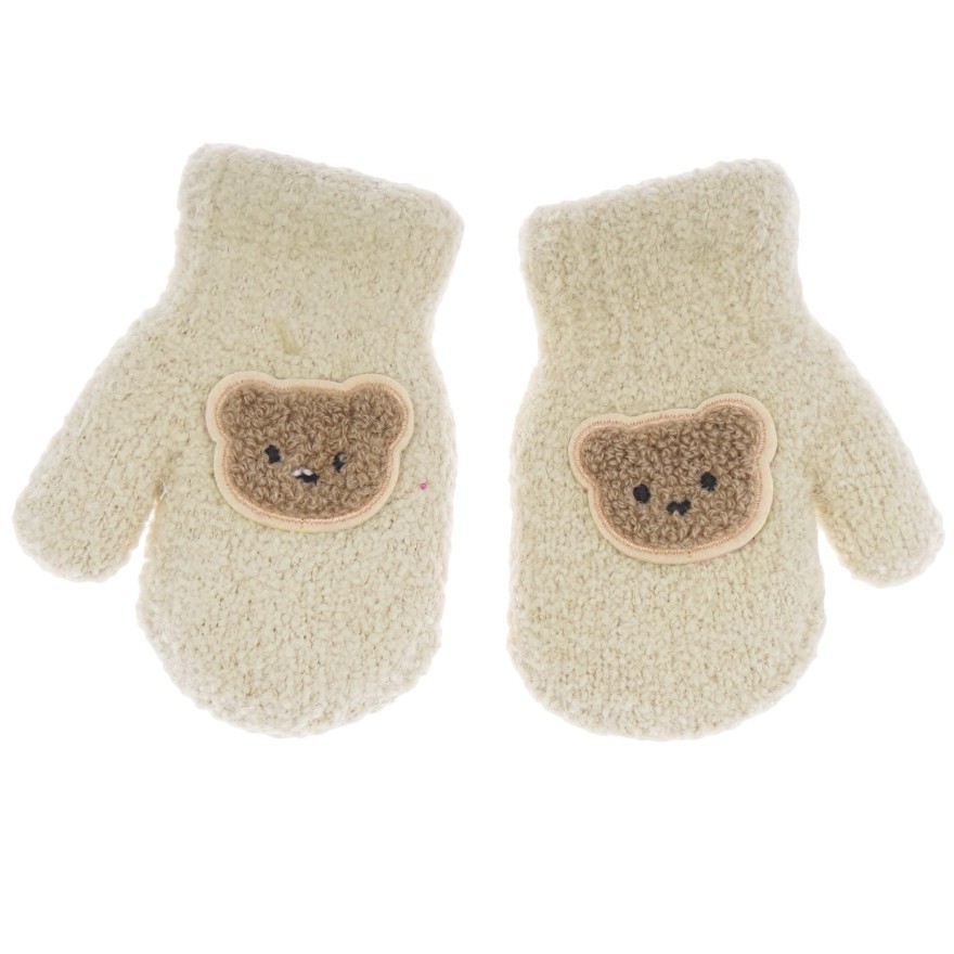 Beżowe RĘKAWICZKI ciepłe 1P na futerku ocieplane brązowy MIŚ r. 98-104