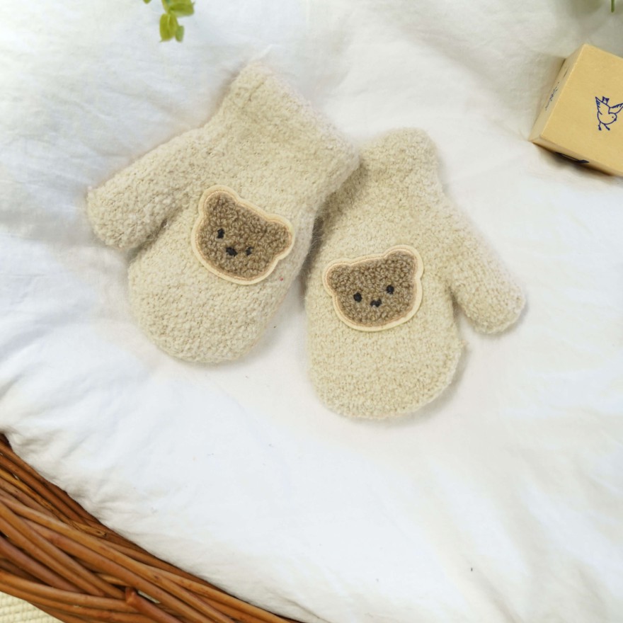 Beżowe RĘKAWICZKI ciepłe 1P na futerku ocieplane brązowy MIŚ r. 98-104