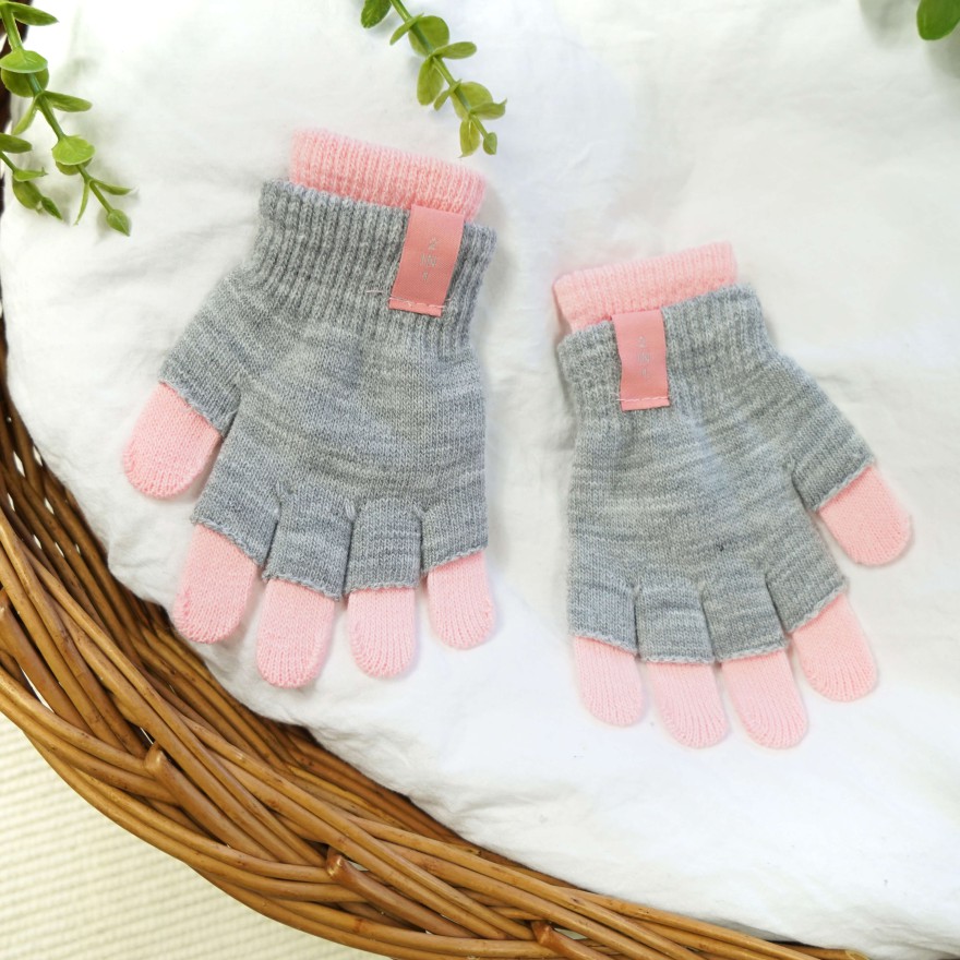 Szaro- różowe rękawiczki dziweczęce 2w1 podwójne 5P 122-170