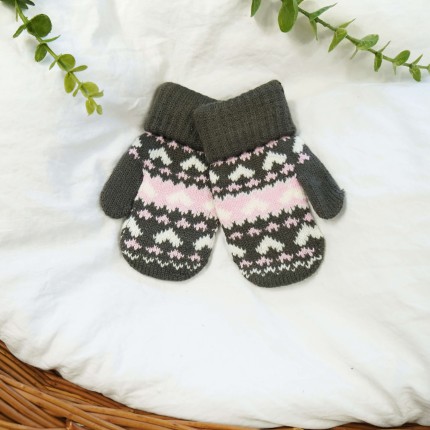 Grafitowe RĘKAWICZKI 1P ciepłe podwijane białe serca 15cm r. 116-122 wzór 013