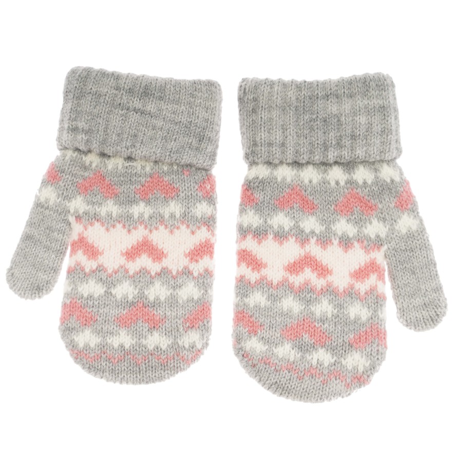 Szare RĘKAWICZKI 1P ciepłe podwijane różowe serca 15cm r. 116-122wzór 014