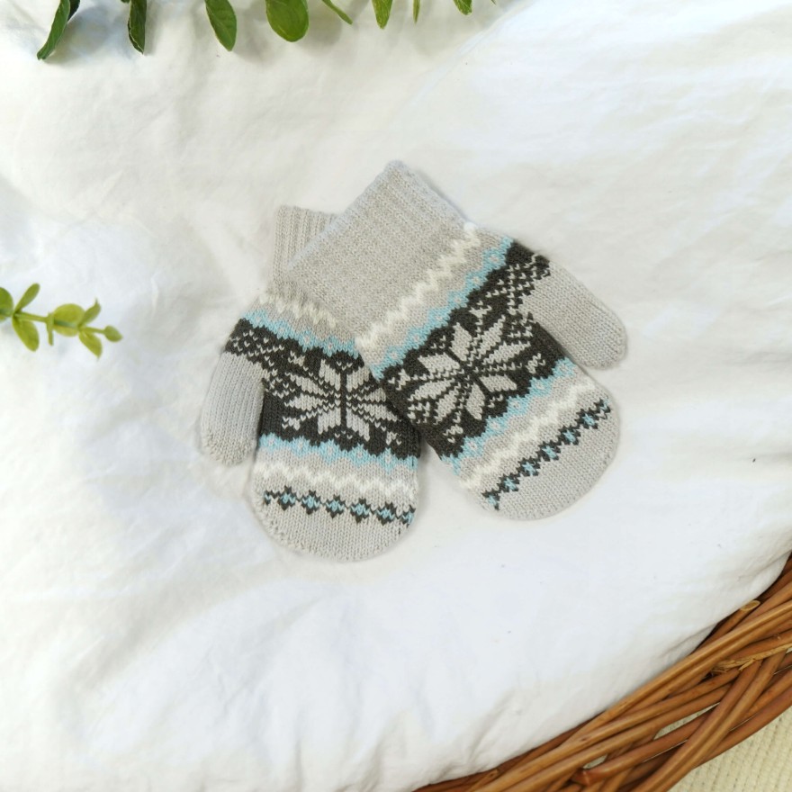 Szare RĘKAWICZKI 1P ciepłe śnieżka z błękitnym 15cm r. 116-122 wzór 019