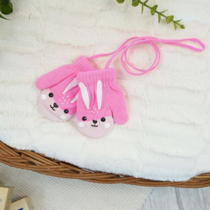 RĘKAWICZKI ciepłe 1P na sznurku neonowy róż KRÓLIK r. 56-122