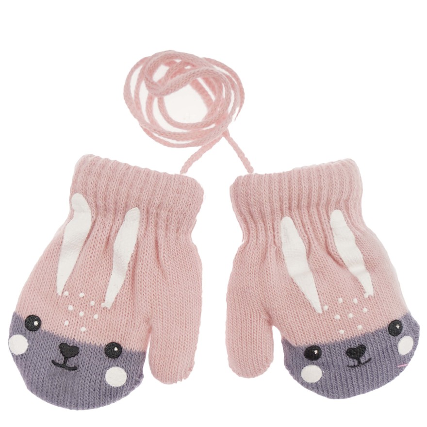 RĘKAWICZKI ciepłe 1P na sznurku pudrowy róż z szarym KRÓLIK r. 56-122