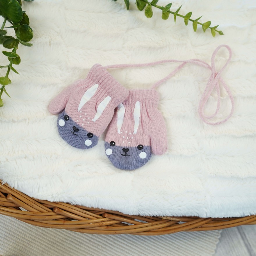 RĘKAWICZKI ciepłe 1P na sznurku pudrowy róż z szarym KRÓLIK r. 56-122