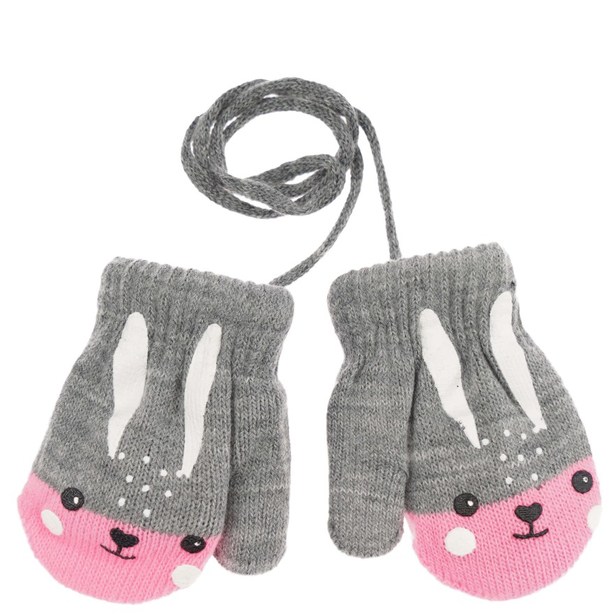 RĘKAWICZKI ciepłe 1P na sznurku szare z różowym KRÓLIK r. 56-122