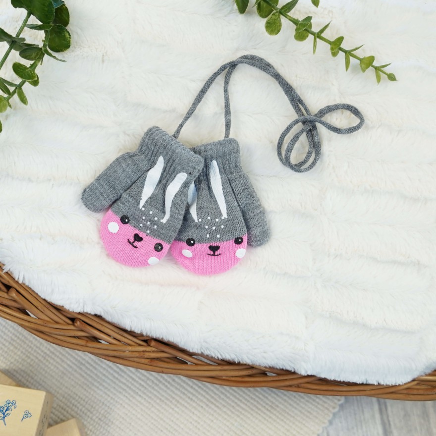 RĘKAWICZKI ciepłe 1P na sznurku szare z różowym KRÓLIK r. 56-122