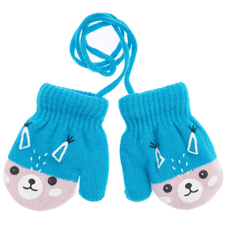 RĘKAWICZKI ciepłe 1P na sznurku turkus z różem LISEK r. 56-122