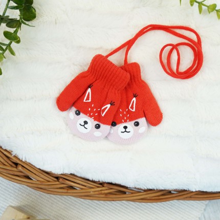 RĘKAWICZKI ciepłe 1P na sznurku pomarańczowe z różem LISEK r. 56-122