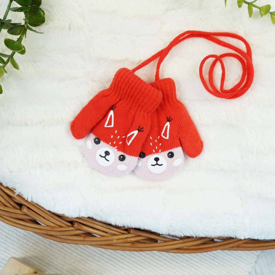 RĘKAWICZKI ciepłe 1P na sznurku pomarańczowe z różem LISEK r. 56-122