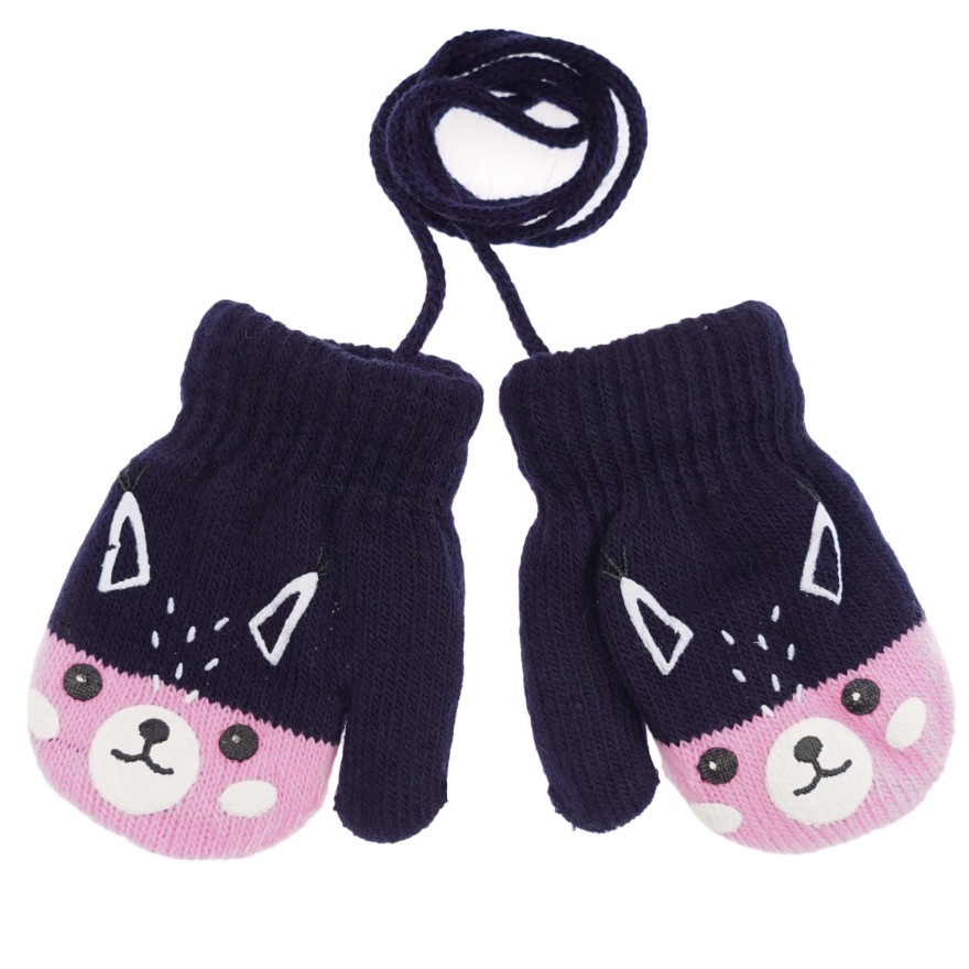 RĘKAWICZKI ciepłe 1P na sznurku granat z różem LISEK r. 56-122