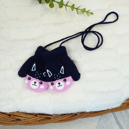 RĘKAWICZKI ciepłe 1P na sznurku granat z różem LISEK r. 56-122