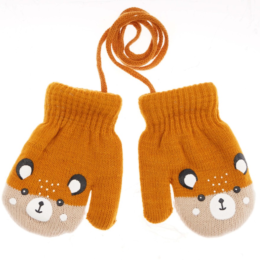 RĘKAWICZKI ciepłe 1P na sznurku pomarańczowo- beżowe MISIO r. 98-116