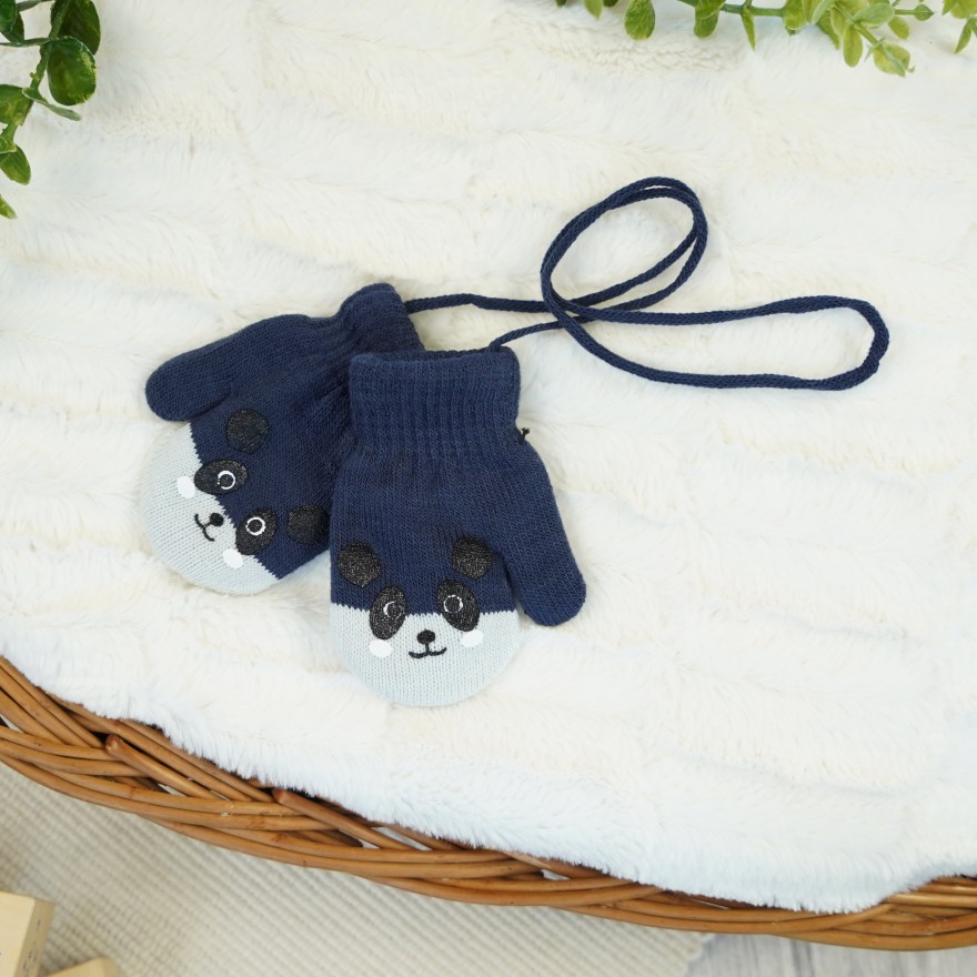 RĘKAWICZKI ciepłe 1P na sznurku jeans z ecru PANDA r. 98-116