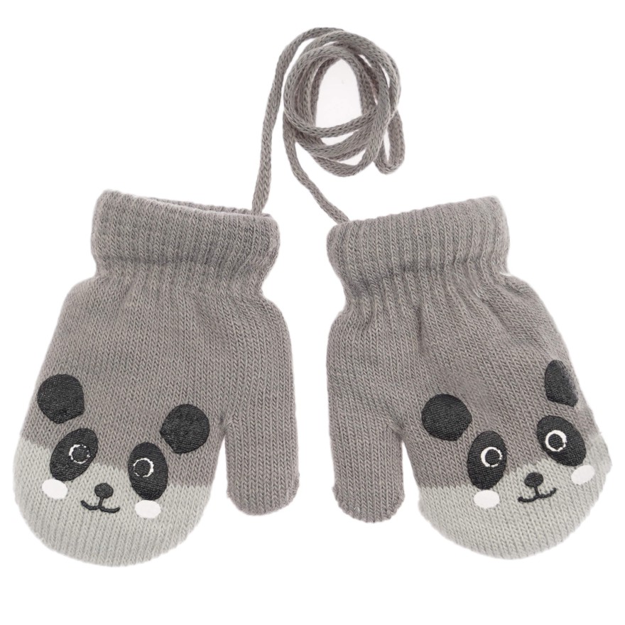 RĘKAWICZKI ciepłe 1P na sznurku szare PANDA r. 98-116