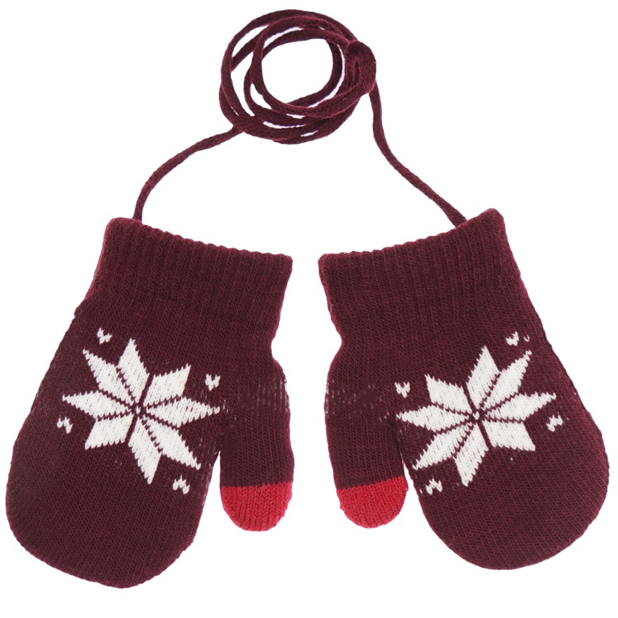 Bordowe RĘKAWICZKI ciepłe 1P sznurek dotyk motyw norweski r. 56-116