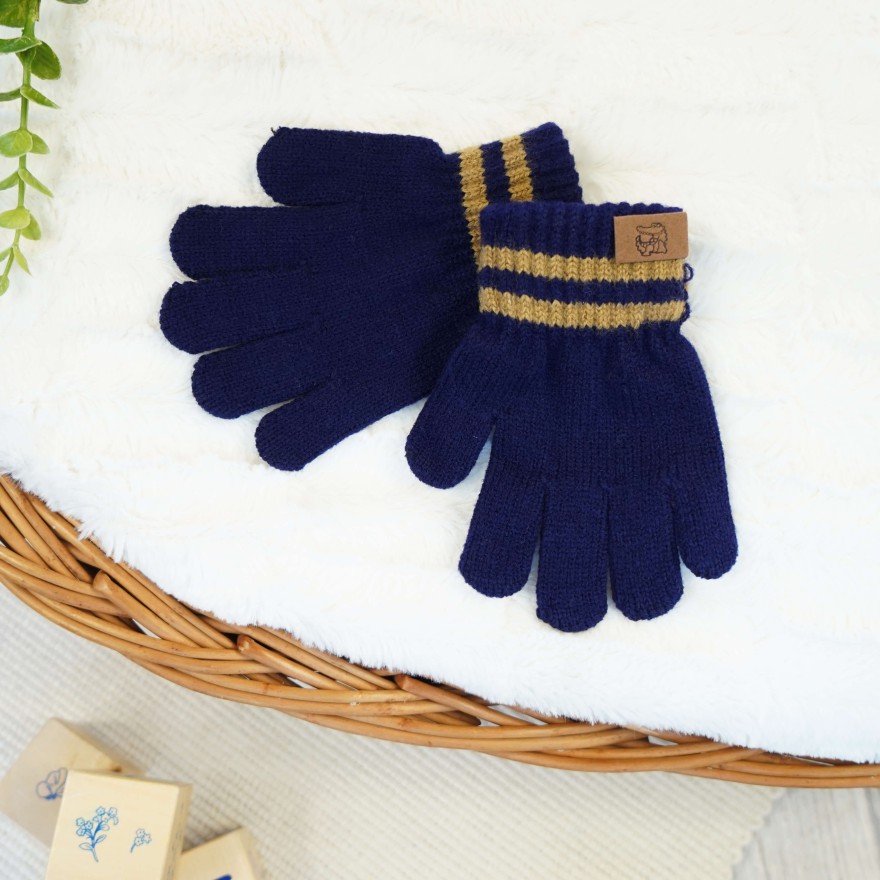 Granatowe RĘKAWICZKI 5-palczaste gładkie naszywka krokodyl r.110-116