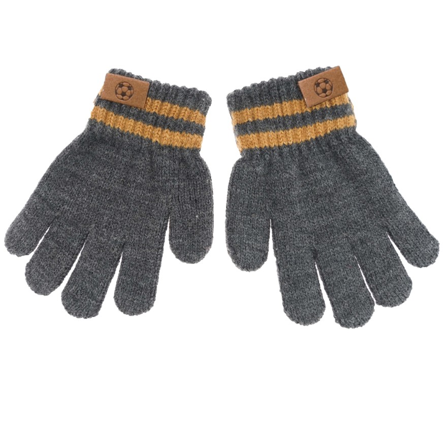 Grafitowe RĘKAWICZKI 5-palczaste gładkie naszywka z piłką  r.122-134