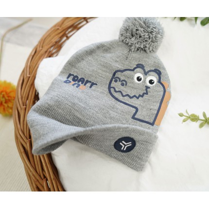 Szara CZAPKA dziecięca zimowa z pomponem DINO