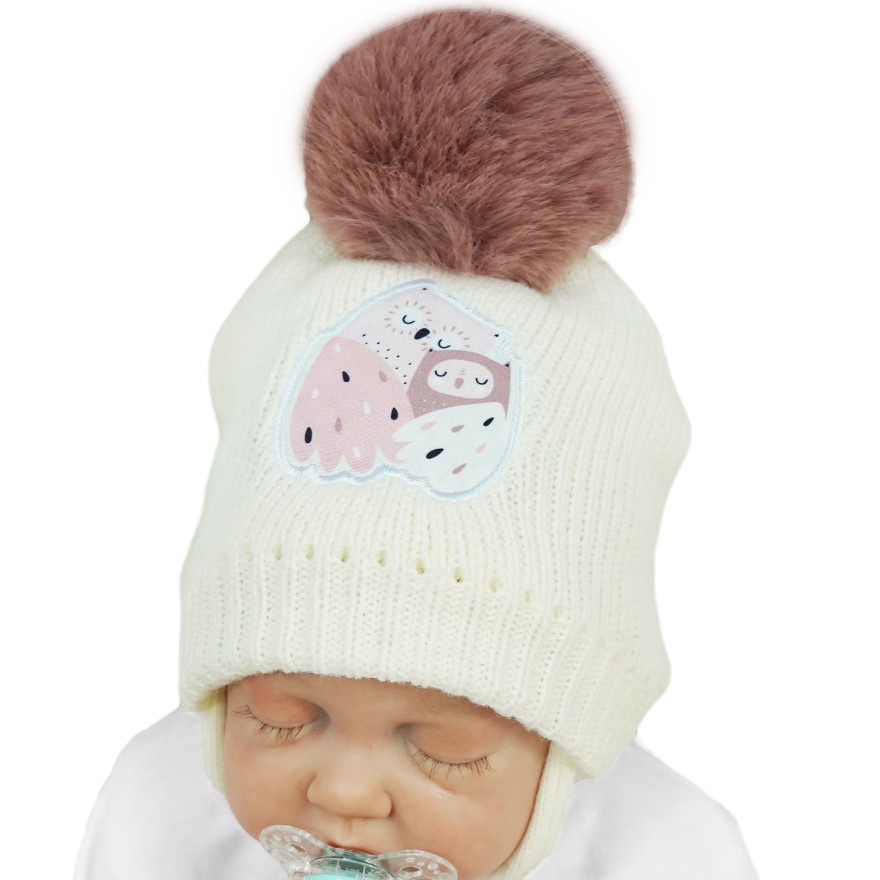 Ecru CZAPKA dziecięca zimowa wiązana z pomponem SOWY