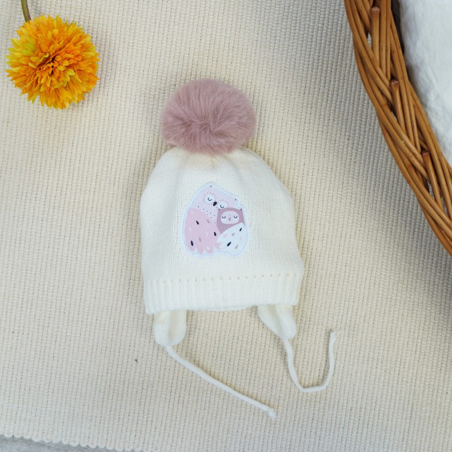 Ecru CZAPKA dziecięca zimowa wiązana z pomponem SOWY