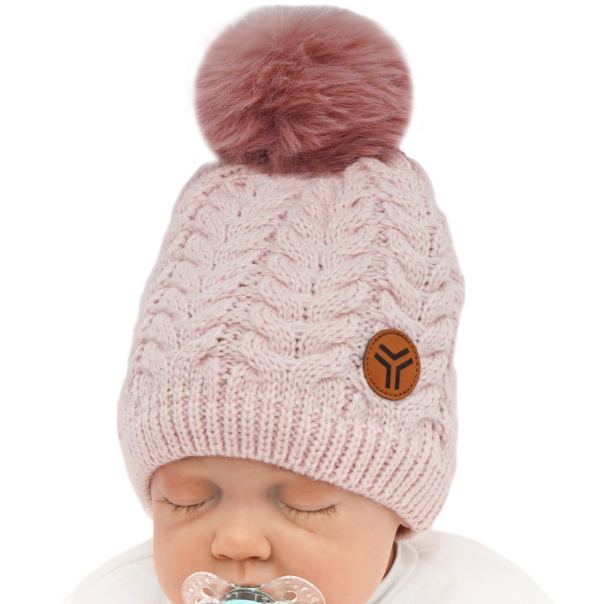 Różowa CZAPKA dziewczęca w warkocze z pomponem