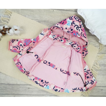 ZIMOWY KOMBINEZON dwuczęściowy PUDROWY RÓŻ w serca i wzory kurtka + spodnie