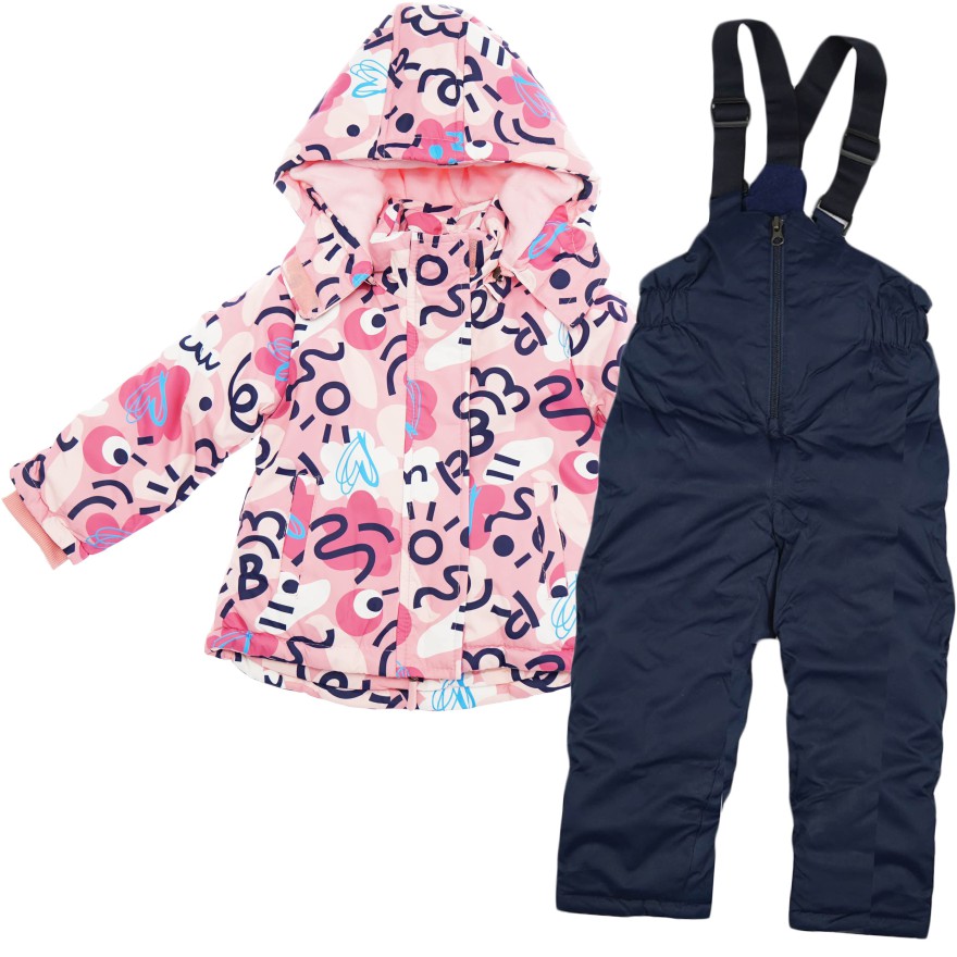 ZIMOWY KOMBINEZON dwuczęściowy PUDROWY RÓŻ w serca i wzory kurtka + spodnie