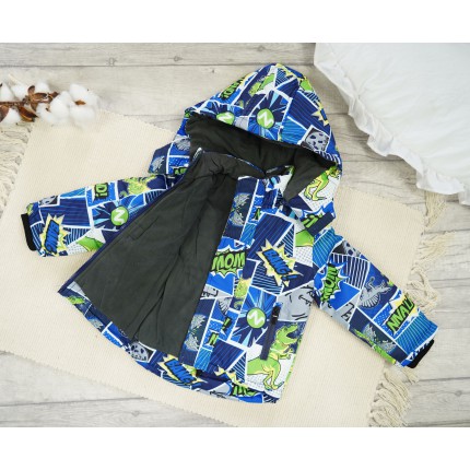 ZIMOWY KOMBINEZON dwuczęściowy dinozaury komiks kurtka z niebieskim i granatowe spodnie