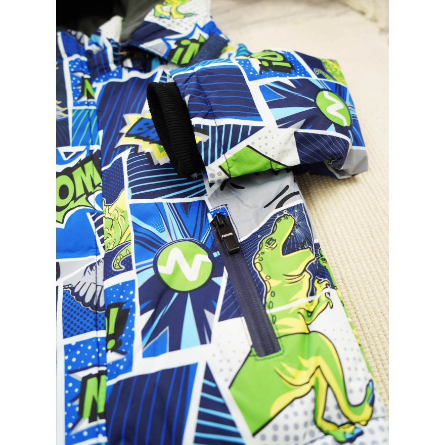 ZIMOWY KOMBINEZON dwuczęściowy dinozaury komiks kurtka z niebieskim i granatowe spodnie