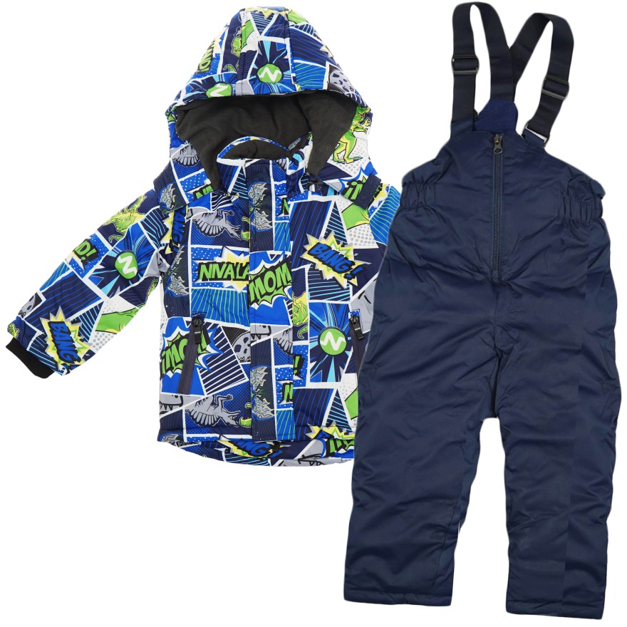 ZIMOWY KOMBINEZON dwuczęściowy dinozaury komiks kurtka z niebieskim i granatowe spodnie