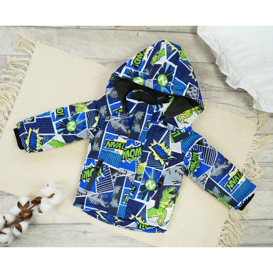 ZIMOWY KOMBINEZON dwuczęściowy dinozaury komiks kurtka z niebieskim i granatowe spodnie