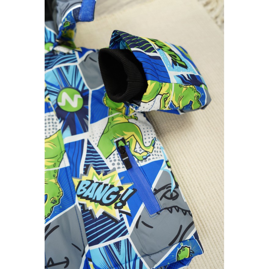 ZIMOWY KOMBINEZON dwuczęściowy dinozaury komiks kurtka z bekitnym i czarne spodnie