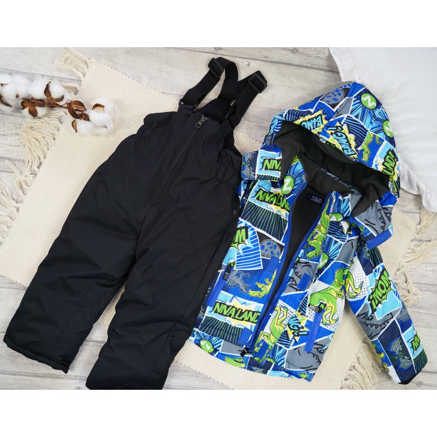 ZIMOWY KOMBINEZON dwuczęściowy dinozaury komiks kurtka z bekitnym i czarne spodnie