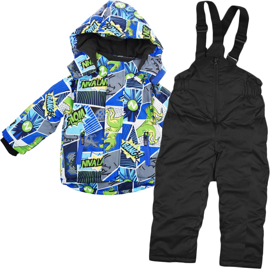 ZIMOWY KOMBINEZON dwuczęściowy dinozaury komiks kurtka z bekitnym i czarne spodnie