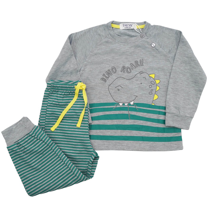 PIŻAMA dziecięca ciepła na meszku szara DINO ROAR w turkusowe paski długi rękaw