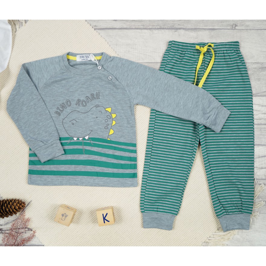 PIŻAMA dziecięca ciepła na meszku szara DINO ROAR w turkusowe paski długi rękaw