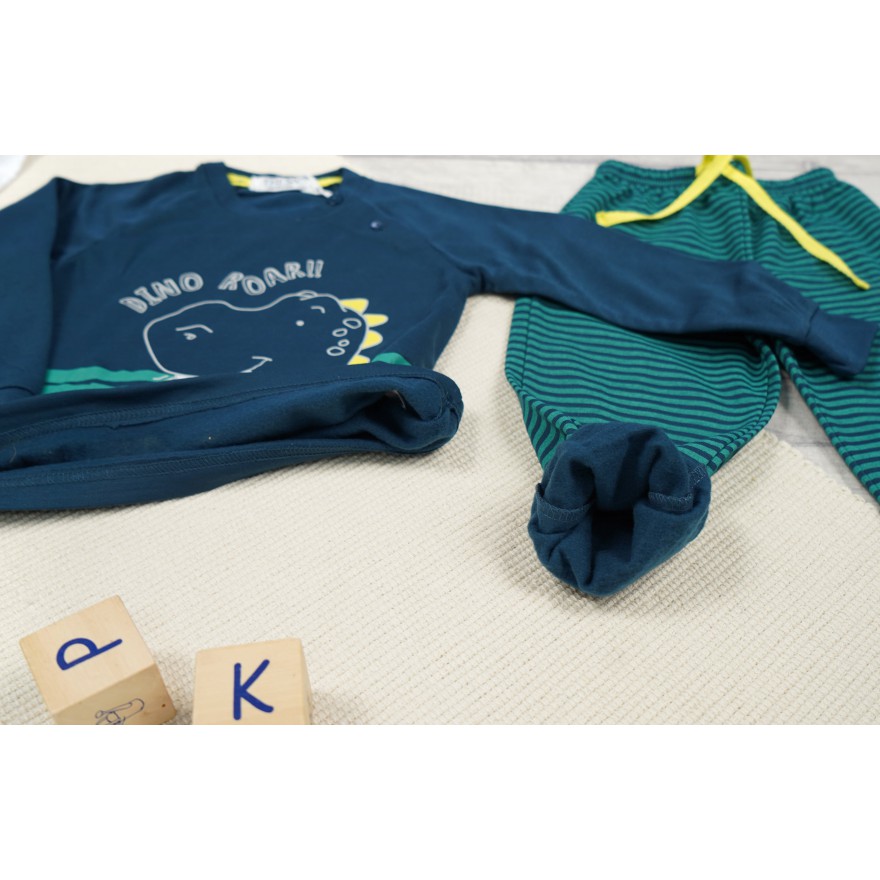 PIŻAMA dziecięca ciepła na meszku granatowa DINO ROAR w turkusowe paski długi rękaw