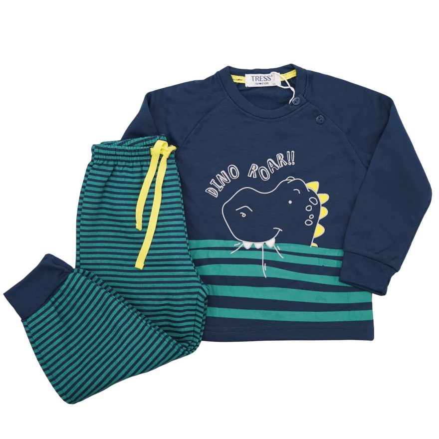 PIŻAMA dziecięca ciepła na meszku granatowa DINO ROAR w turkusowe paski długi rękaw