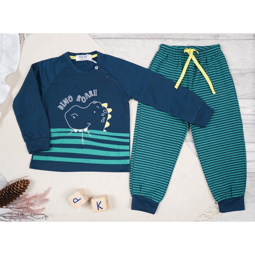 PIŻAMA dziecięca ciepła na meszku granatowa DINO ROAR w turkusowe paski długi rękaw