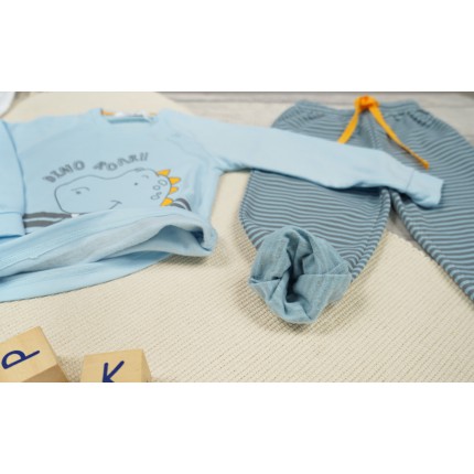 PIŻAMA dziecięca ciepła na meszku błekitna DINO ROAR w szare paski długi rękaw